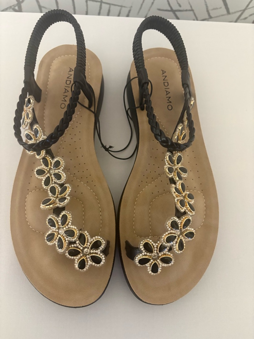 Andiamo Black Braided Floral T-Strap Sandals